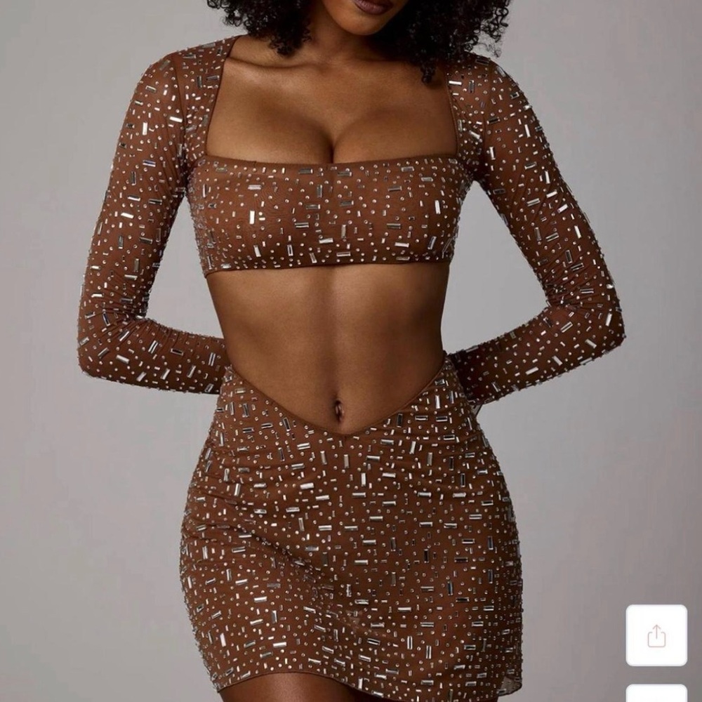 Brown Long Sleeve Crop Top and Skirt Set